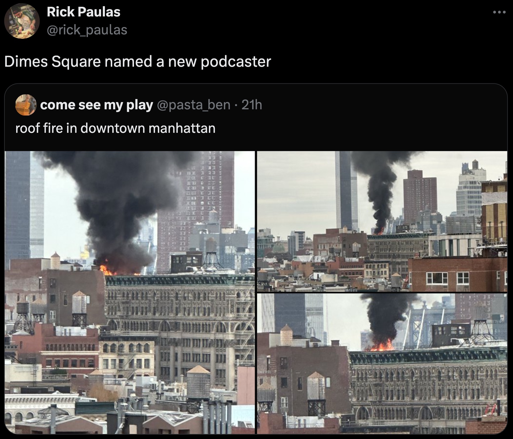 tower block - Rick Paulas Dimes Square named a new podcaster come see my play 21h roof fire in downtown manhattan B